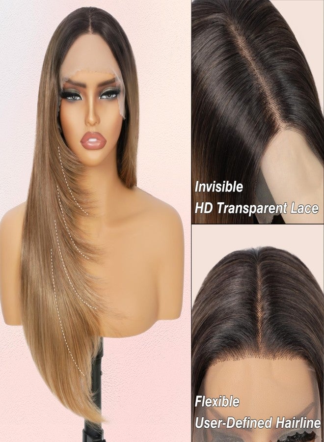 Fliace Glueless Lace Front Wig with 13x5x1 HD Lace, 26 Inch Straight Layered Synthetic Hair Featuring Hand Tied, Caramel Blonde Ombre with Dark Root for Black Women (T4/5/27K, Caramel Blonde Ombre) - Image 2