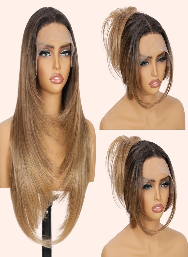 Fliace Glueless Lace Front Wig with 13x5x1 HD Lace, 26 Inch Straight Layered Synthetic Hair Featuring Hand Tied, Caramel Blonde Ombre with Dark Root for Black Women (T4/5/27K, Caramel Blonde Ombre) - Image 1
