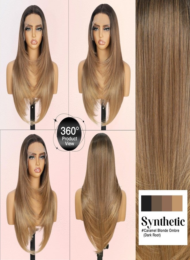 Fliace Glueless Lace Front Wig with 13x5x1 HD Lace, 26 Inch Straight Layered Synthetic Hair Featuring Hand Tied, Caramel Blonde Ombre with Dark Root for Black Women (T4/5/27K, Caramel Blonde Ombre) - Image 5