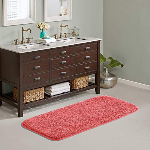 Suchtale Large Extra Soft Shaggy Bath Mat  Microfiber Bath Mat Absorbent Machine Washable Non Slip Rubber Back 24 x 60 Living Coral