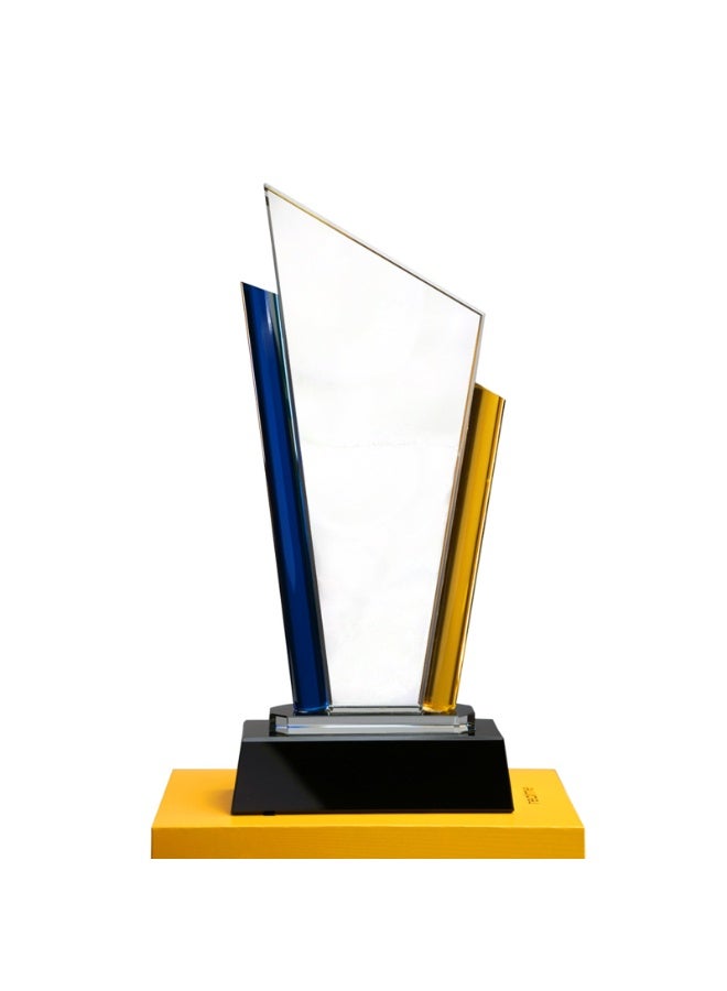 Modern Crystal Trophy Award with Black Base – Premium Clear Glass Plaque with Blue and Gold Accent Panels – Elegant Recognition Award for Corporate Events, Employee Appreciation, Graduation & Achievement Ceremonies - Image 1