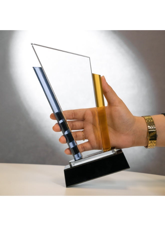 Modern Crystal Trophy Award with Black Base – Premium Clear Glass Plaque with Blue and Gold Accent Panels – Elegant Recognition Award for Corporate Events, Employee Appreciation, Graduation & Achievement Ceremonies - Image 2