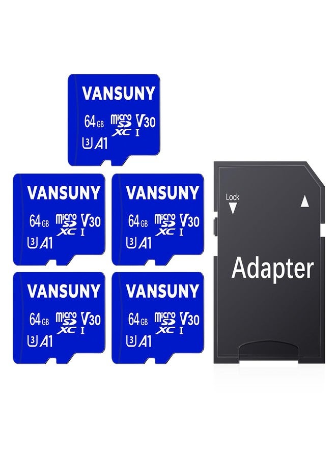 Vansuny Micro SD Card 64GB 5 Pack microSDXC Memory Card with SD Adapter A1 App Performance V30 4K Video Recording C10 U3 Micro SD for Phone, Security Camera, Dash Cam, Action Camera