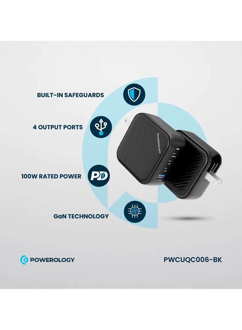 Powerology 3 Port PD + 1 QC3.0 GaN Wall Charger 100W / Triple Type-C Power Delivery / World Travel Kit/ Built-in Safeguards / EU 2pin Plug / US Adapter - Black - Image 2