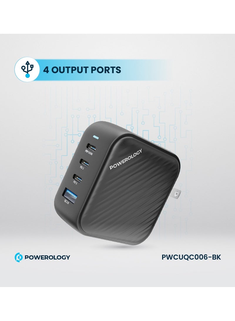Powerology 3 Port PD + 1 QC3.0 GaN Wall Charger 100W / Triple Type-C Power Delivery / World Travel Kit/ Built-in Safeguards / EU 2pin Plug / US Adapter - Black - Image 4
