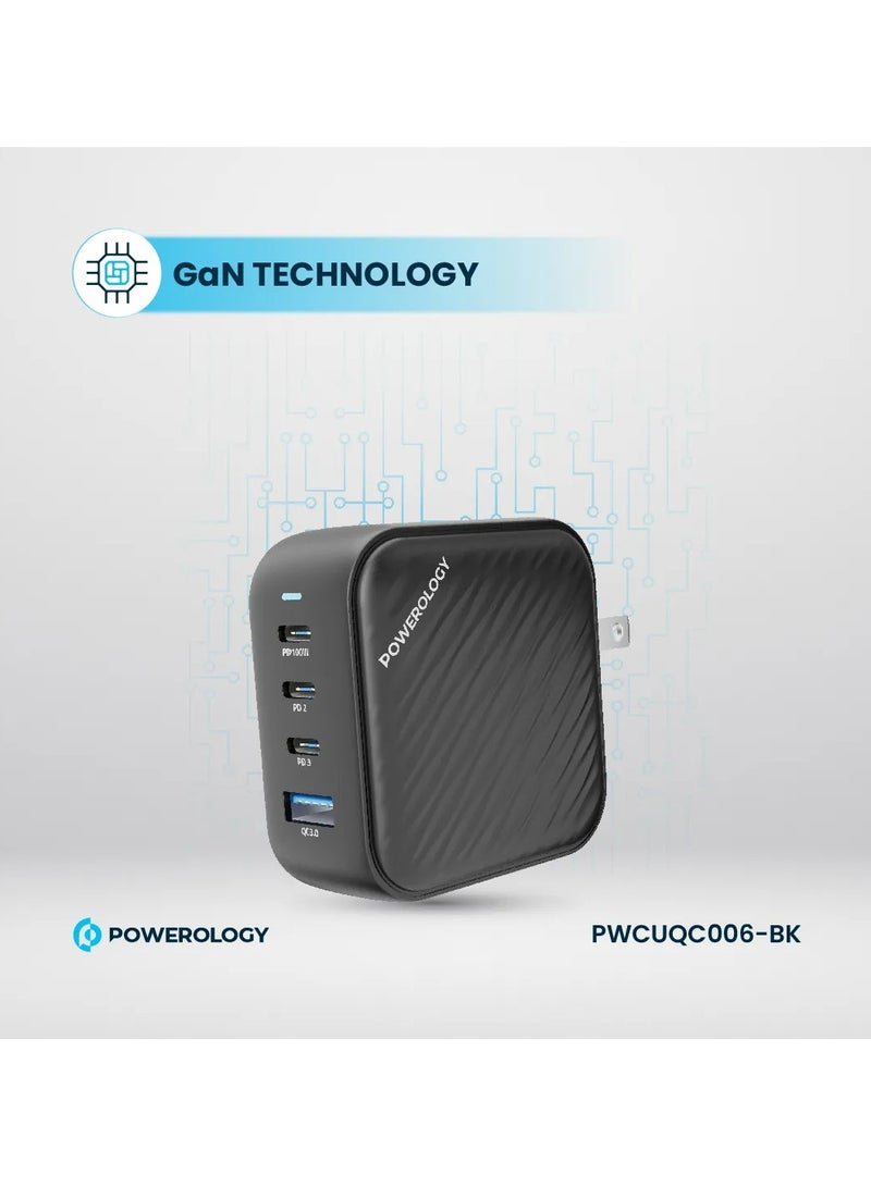 Powerology 3 Port PD + 1 QC3.0 GaN Wall Charger 100W / Triple Type-C Power Delivery / World Travel Kit/ Built-in Safeguards / EU 2pin Plug / US Adapter - Black - Image 5