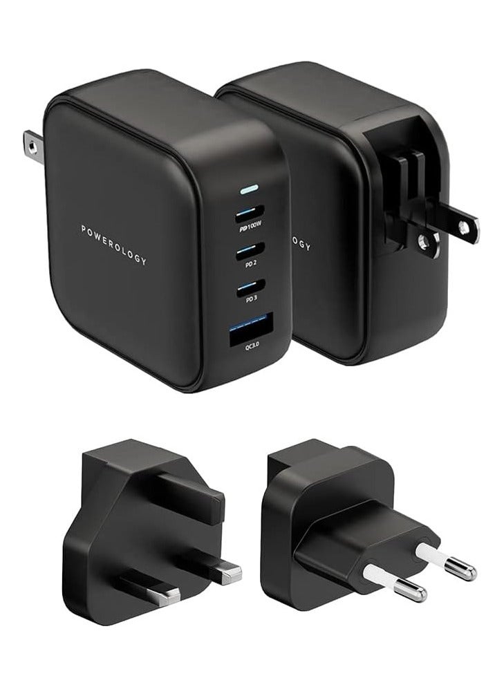 Powerology 3 Port PD + 1 QC3.0 GaN Wall Charger 100W / Triple Type-C Power Delivery / World Travel Kit/ Built-in Safeguards / EU 2pin Plug / US Adapter - Black - Image 1