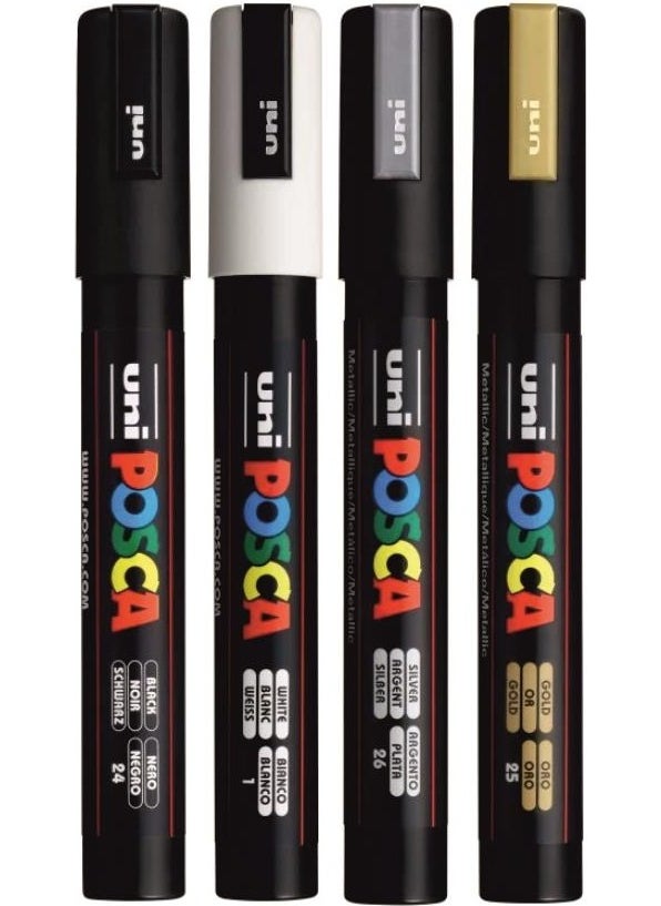 Uni-posca Pc-5m Black, White, Gold, Silver Set of 4  - Image 1