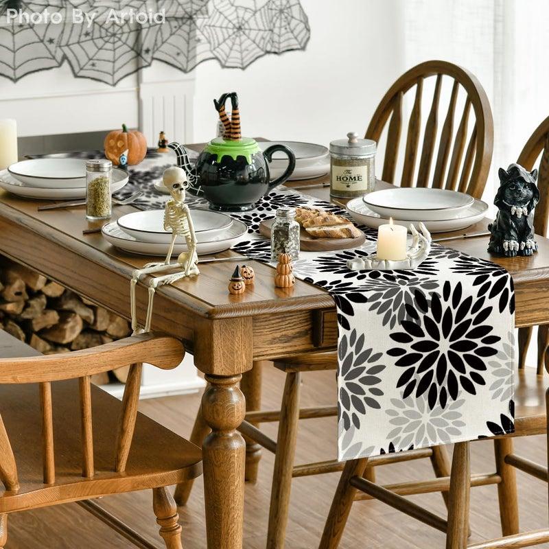 Artoid Mode Black Dahlia Floral Pinnata Halloween Table Runner, Fall Autumn Kitchen Dining Table Decoration for Home Party Decor 13x72 Inch - Image 4