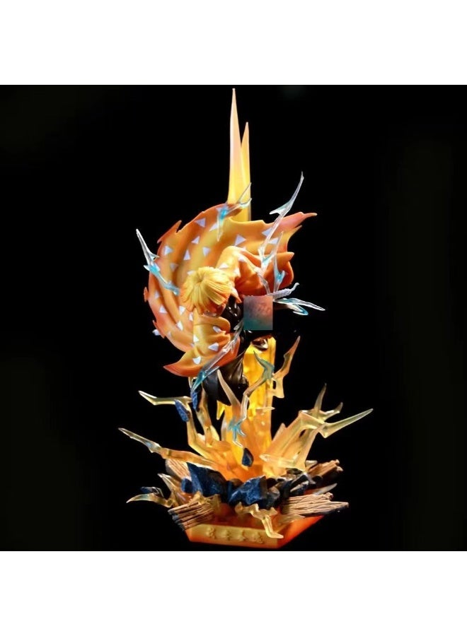 Purgatory Flash Simple Carving of Zenitsu Agatsuma Double Head Sculpture with Light-up Eyes Scene Handmade Model Desk Decoration Toy 35 cm - Image 4