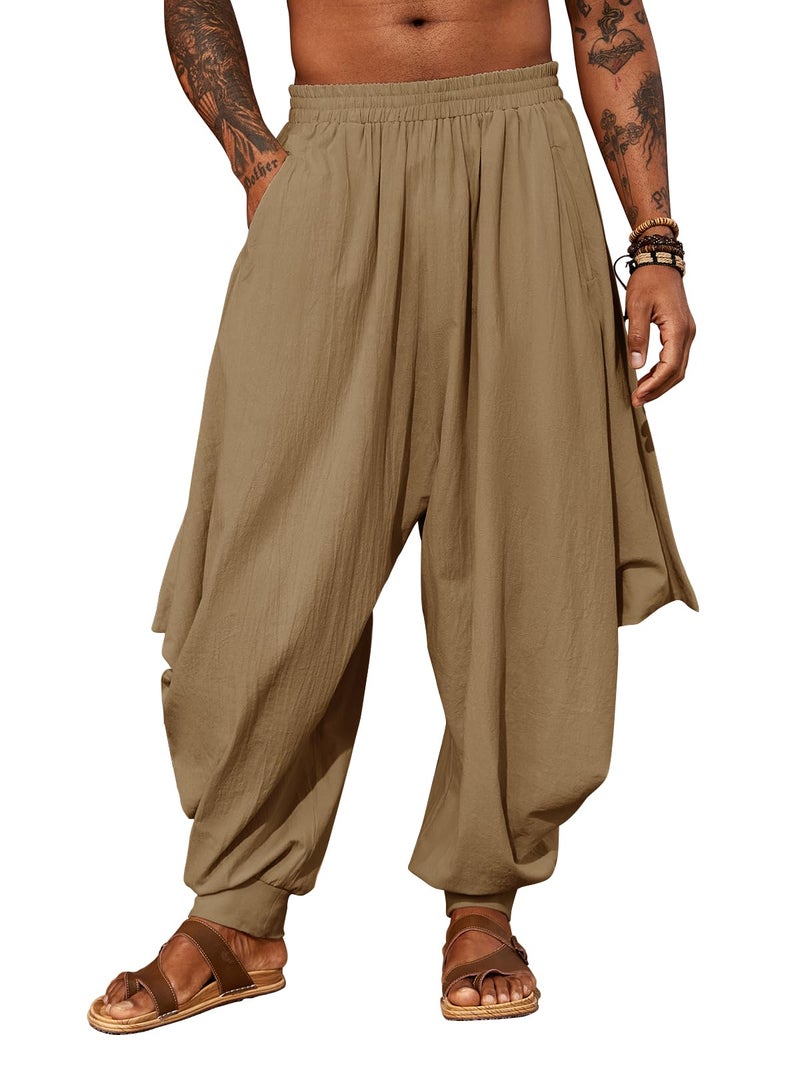 PASLTER Mens Harem Pants Linen Yoga Beach Baggy Summer Boho Aladdin Genie Pants Brown - Image 1