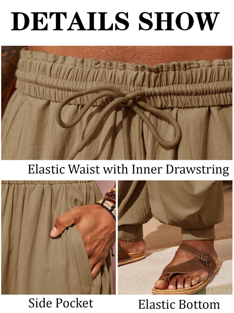 PASLTER Mens Harem Pants Linen Yoga Beach Baggy Summer Boho Aladdin Genie Pants Brown - Image 5