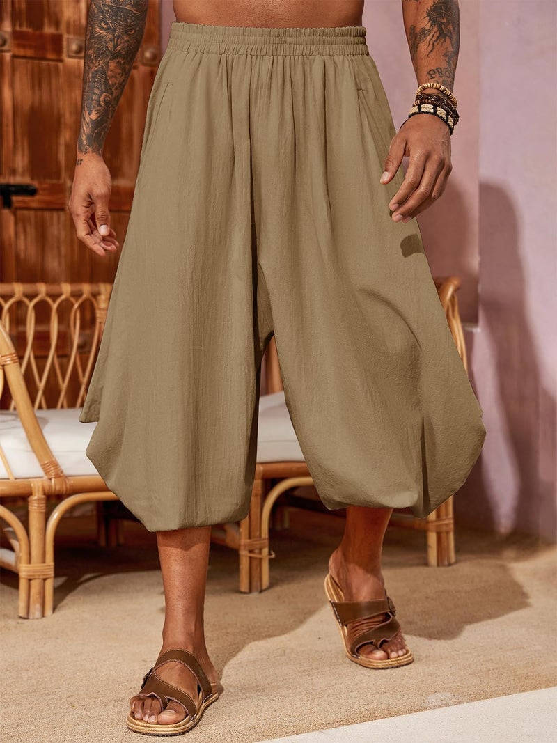 PASLTER Mens Harem Pants Linen Yoga Beach Baggy Summer Boho Aladdin Genie Pants Brown - Image 2
