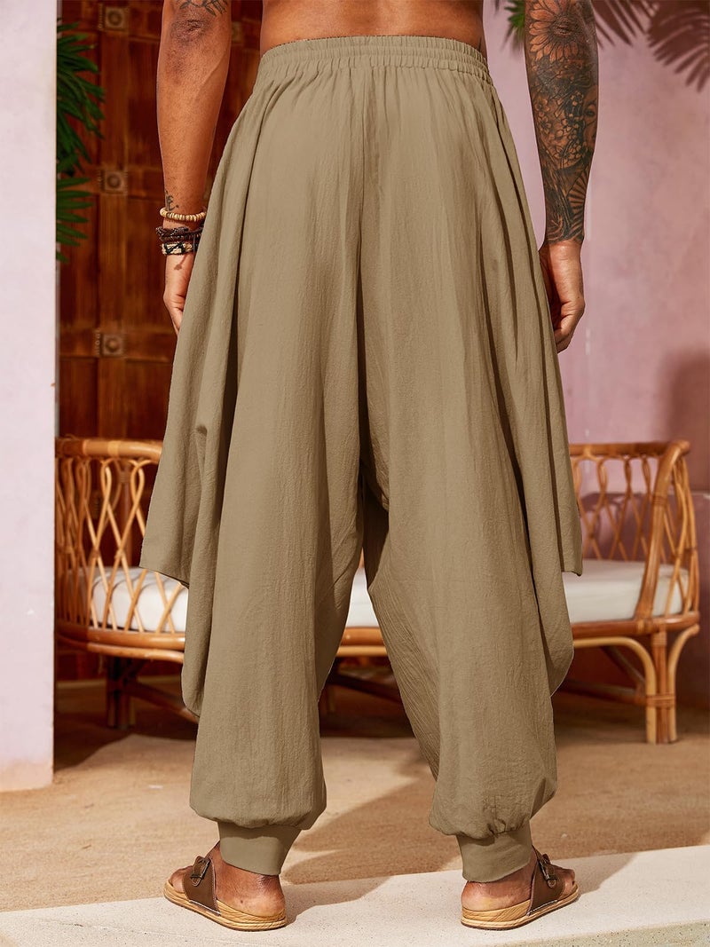 PASLTER Mens Harem Pants Linen Yoga Beach Baggy Summer Boho Aladdin Genie Pants Brown - Image 3