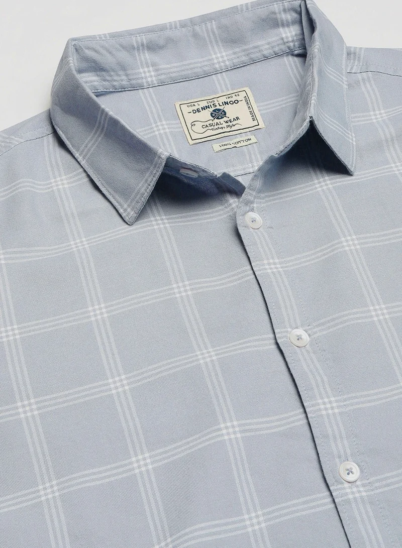 Dennis Lingo Slim Fit Grey Men's Checked Shirt, Spread Collar, Full Sleeves, 100% Cotton,