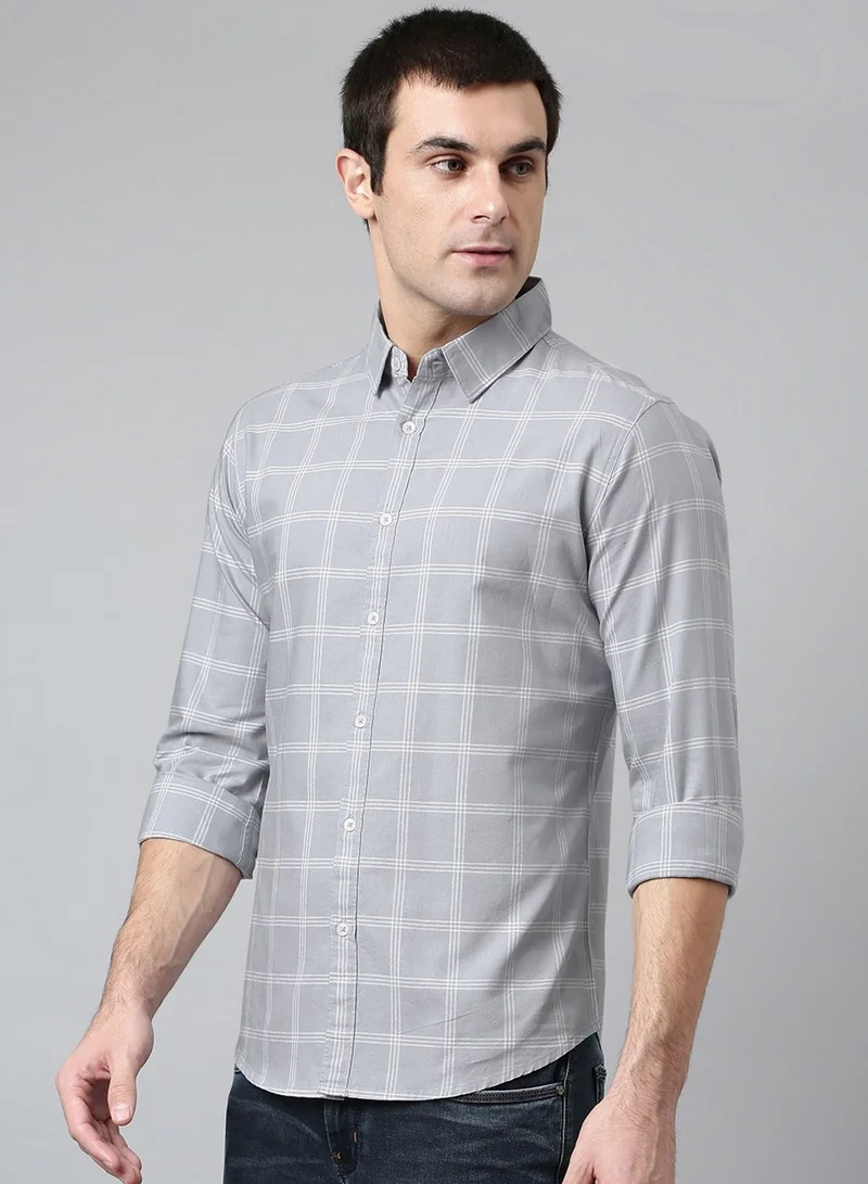 Dennis Lingo Slim Fit Grey Men's Checked Shirt, Spread Collar, Full Sleeves, 100% Cotton,
