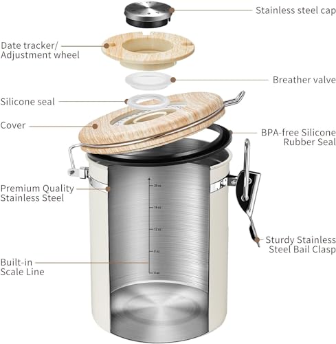 Veken Coffee Sugar Canister with Window, Coffee Lover Gift Set,Airtight Stainless Steel Kitchen Food Storage Container Gifts, Date Tracker & Scoop for Grounds Coffee,Beans,Tea,Flour,Cereal,22OZ,Cream - Image 5