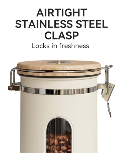 Veken Coffee Sugar Canister with Window, Coffee Lover Gift Set,Airtight Stainless Steel Kitchen Food Storage Container Gifts, Date Tracker & Scoop for Grounds Coffee,Beans,Tea,Flour,Cereal,22OZ,Cream - Image 3