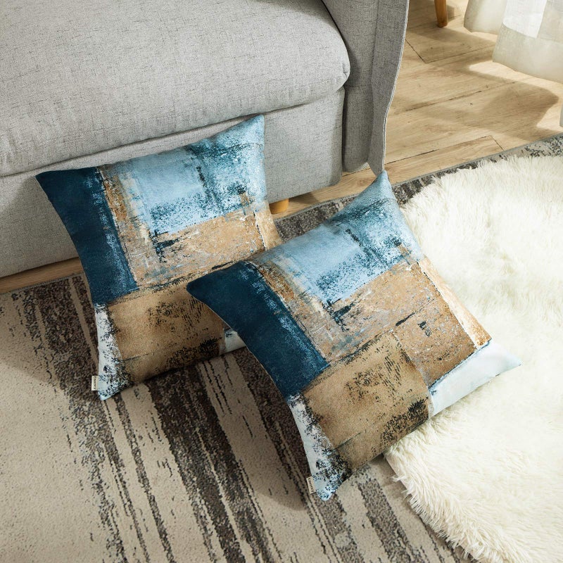 Britimes Britimes Throw Pillow Covers Modern Home Art Decor  20 x 20 Inches Set of 2 Pillow Cases Decorative  Abstract Oil Painting Pillowcases for Bedroom  Living Room  Cushion Couch Sofa  Brown Blue  - Image 4