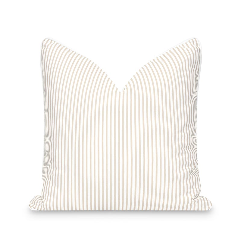 Hofdeco Premium Fall Coastal Patio Indoor Outdoor Pillow Cover Only, 20"x20" Water Repellent for Backyard, Couch, Neutral Tan Stripe - Image 1