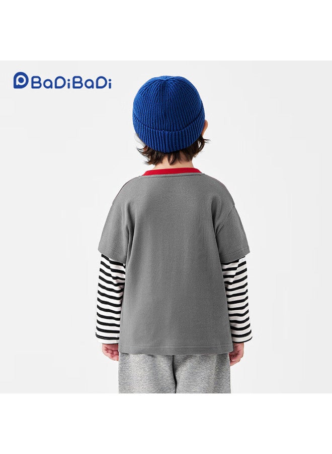 Badibadi Pure Cotton Long-sleeve T-shirt For Infants And Children, Faux Two-piece Undershirt, Comfortable And Versatile, Black And Red Three Little Dogs, Size 140