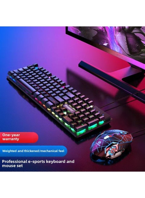 2024 Mechanical Feel Keyboard Mouse Suit Wired Desktop Computer Notebook Game Video Typing USB-Color:Mechanical Feel - 1 Year Warranty - Character Colorful Rainbow + 6-button Mouse + Small Black Pad - No - 104