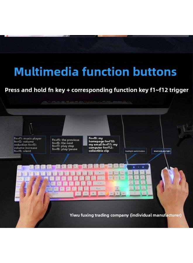 2024 Mechanical Feel Keyboard Mouse Suit Wired Desktop Computer Notebook Game Video Typing USB-Color:Mechanical Feel - 1 Year Warranty - Character Colorful Rainbow + 6-button Mouse + Small Black Pad - No - 104