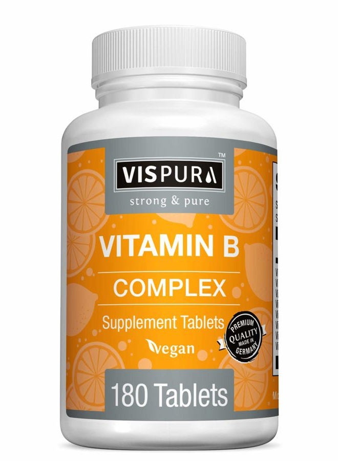 VISPURA Vitamin B-Complex, 180 Vegan Tablets, All B Vitamins Including B12, B1, B2, B3, B5, B6, B7, B9, Folic Acid, for Stress, Energy and Healthy Immune System*, Natural Supplement Without Additives - Image 1