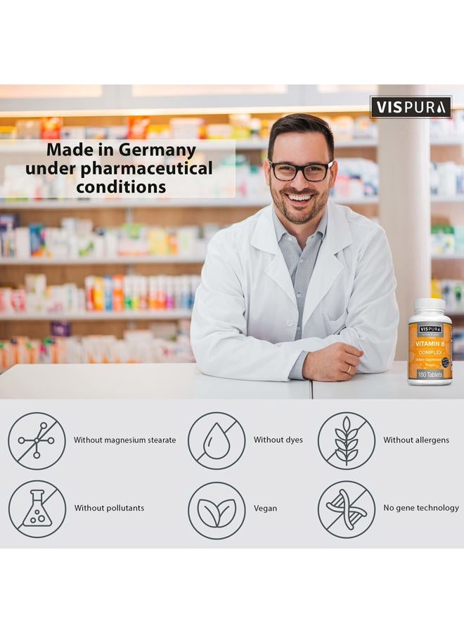 VISPURA Vitamin B-Complex, 180 Vegan Tablets, All B Vitamins Including B12, B1, B2, B3, B5, B6, B7, B9, Folic Acid, for Stress, Energy and Healthy Immune System*, Natural Supplement Without Additives - Image 3