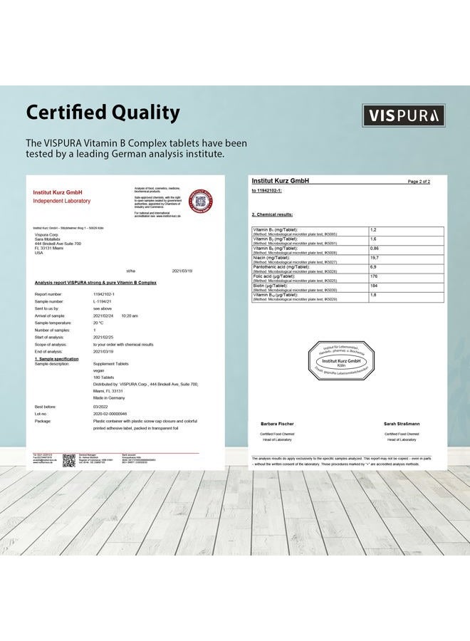 VISPURA Vitamin B-Complex, 180 Vegan Tablets, All B Vitamins Including B12, B1, B2, B3, B5, B6, B7, B9, Folic Acid, for Stress, Energy and Healthy Immune System*, Natural Supplement Without Additives - Image 5