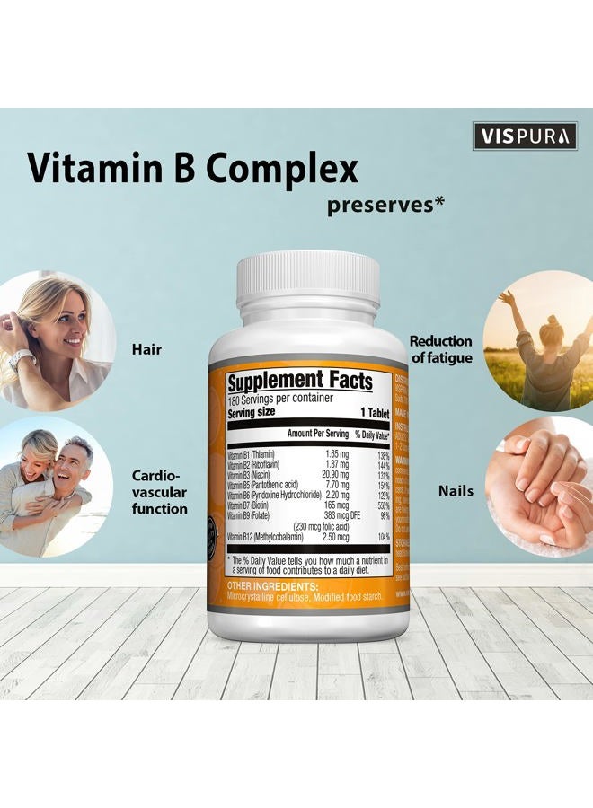 VISPURA Vitamin B-Complex, 180 Vegan Tablets, All B Vitamins Including B12, B1, B2, B3, B5, B6, B7, B9, Folic Acid, for Stress, Energy and Healthy Immune System*, Natural Supplement Without Additives - Image 4
