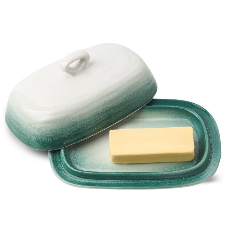 Hasense Hasense Butter Dish with Lid Ceramic Butter Dish with Cover for Countertop Porcelain Butter Keeper Holder with Handle Design for East West Coast Butter Butter Tray with Lid for Fridge Green 