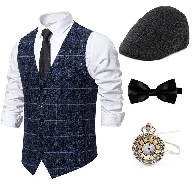 Gionforsy 1920s Mens Costume Gatsby Gangster Vest Fedora Hat Suspenders Bow Tie Costume Accessories Set (Midnight Blue, XX-Large) - Image 1