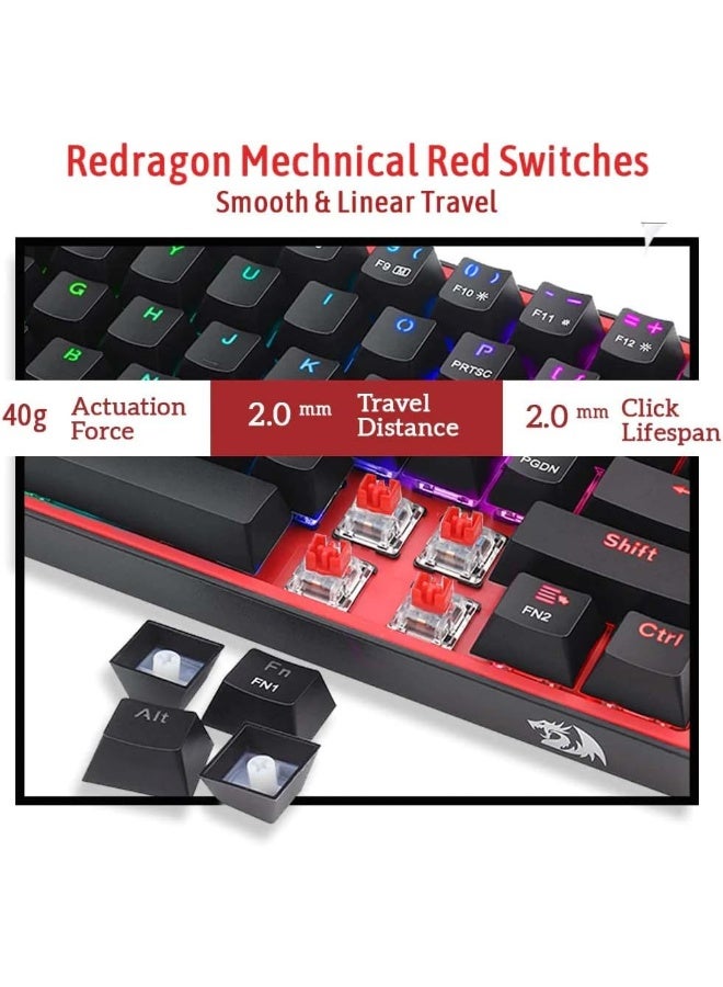 ريدراجون Redragon FIZZ K617 لوحة مفاتيح ميكانيكية سلكية بنسبة 60%، مفاتيح حمراء، حامل مانع للانزلاق، RGB نابض بالحياة، قابل للتبديل السريع، 20 إضاءة خلفية مسبقة الإعداد، كابل من النوع C قابل للفصل، تخطيط إنجليزي، أسود/أحمر - Image 4