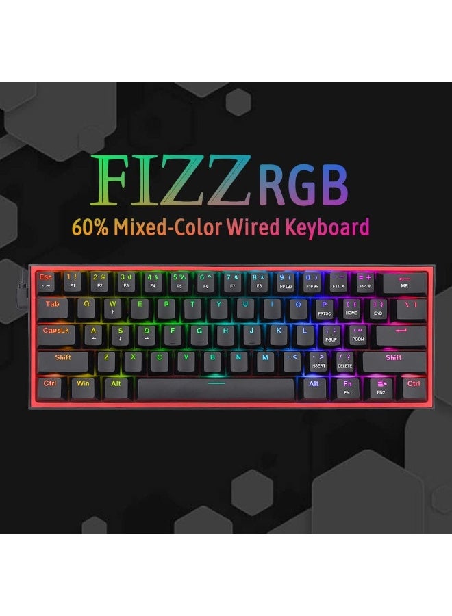 ريدراجون Redragon FIZZ K617 لوحة مفاتيح ميكانيكية سلكية بنسبة 60%، مفاتيح حمراء، حامل مانع للانزلاق، RGB نابض بالحياة، قابل للتبديل السريع، 20 إضاءة خلفية مسبقة الإعداد، كابل من النوع C قابل للفصل، تخطيط إنجليزي، أسود/أحمر - Image 2