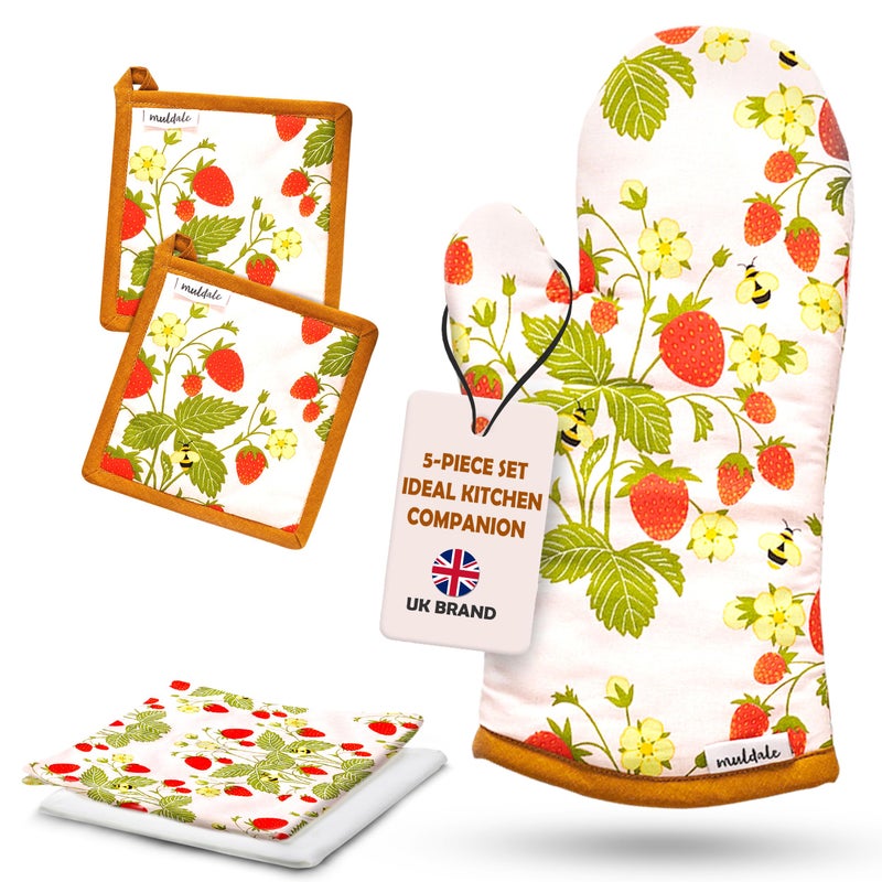 Muldale Muldale Oven Mitt and Kitchen Towel Set  Somerset Strawberry Dish Towels and Pot Holders  5 Pack  Textiles Decor Accessories  Kitchen Mittens 