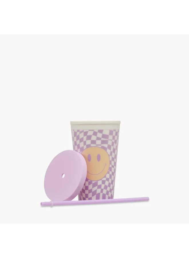 لايف ستايل Smiley Print Double Wall Tumbler with Straw - 450 ml