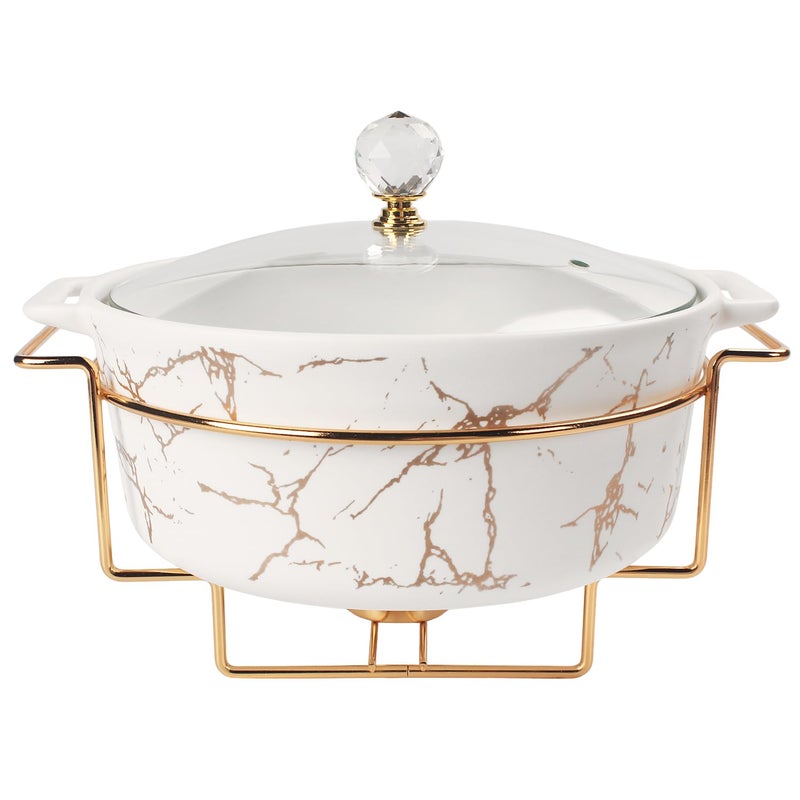jinsongdafa 8.7" Ceramic Casserole Dish with Glass Lid and Gold rack, 2 Quart Serving Soup Tureen,Chafing Dish for Buffet, Family Food preserve Tray, Catering Casserole for Party Style - Image 1