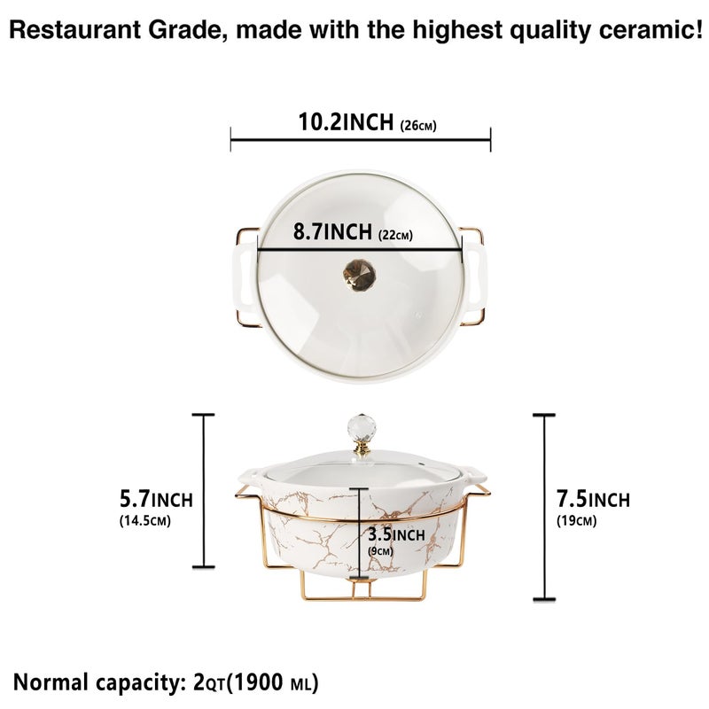 jinsongdafa 8.7" Ceramic Casserole Dish with Glass Lid and Gold rack, 2 Quart Serving Soup Tureen,Chafing Dish for Buffet, Family Food preserve Tray, Catering Casserole for Party Style - Image 2