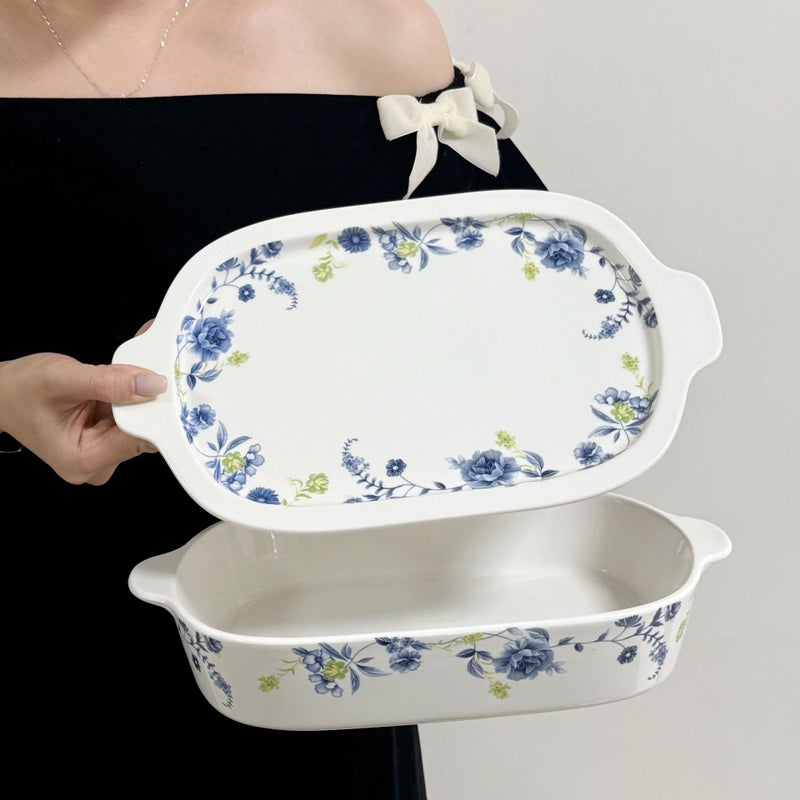 Luxury French-Style Blue Bow Flower Ceramic Baking Tray with Lid