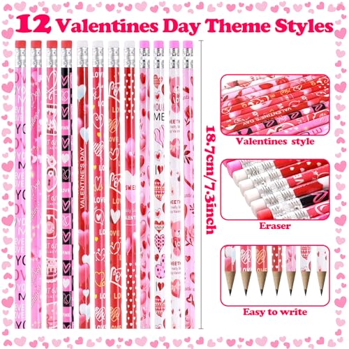 FYXMI 120 Pcs Valentine Pencils Bulk with Erasers, 12 Unique Heart Themed Design for Valentine Goodies Prize Gift Favor Party Supplies - Image 2