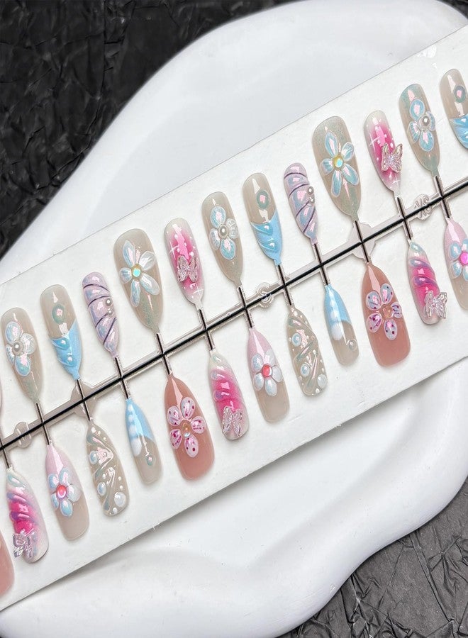 YKZFUI 30pcs Hand-carved Flower Press on Nails Medium Almond Fake Nails with 3D Carving Butterfly Colorful Ripple Design Summer False French Nail Tip Gradient Full Cover Cute Glitter Stick on Nails for Women - Image 3