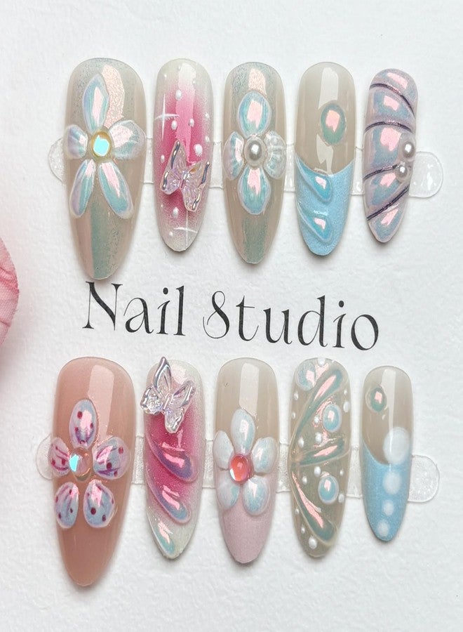 YKZFUI 30pcs Hand-carved Flower Press on Nails Medium Almond Fake Nails with 3D Carving Butterfly Colorful Ripple Design Summer False French Nail Tip Gradient Full Cover Cute Glitter Stick on Nails for Women - Image 2