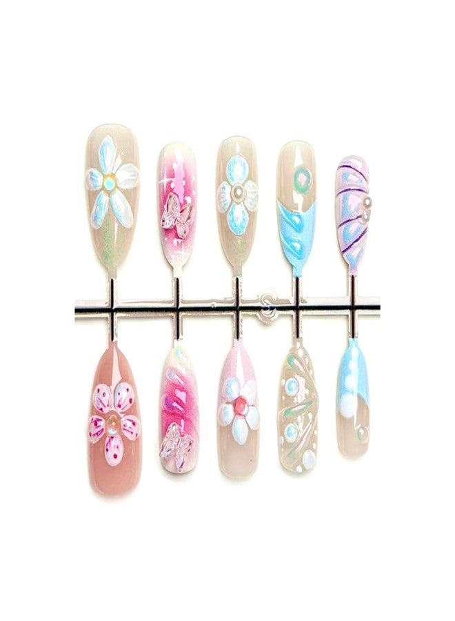 YKZFUI 30pcs Hand-carved Flower Press on Nails Medium Almond Fake Nails with 3D Carving Butterfly Colorful Ripple Design Summer False French Nail Tip Gradient Full Cover Cute Glitter Stick on Nails for Women - Image 4