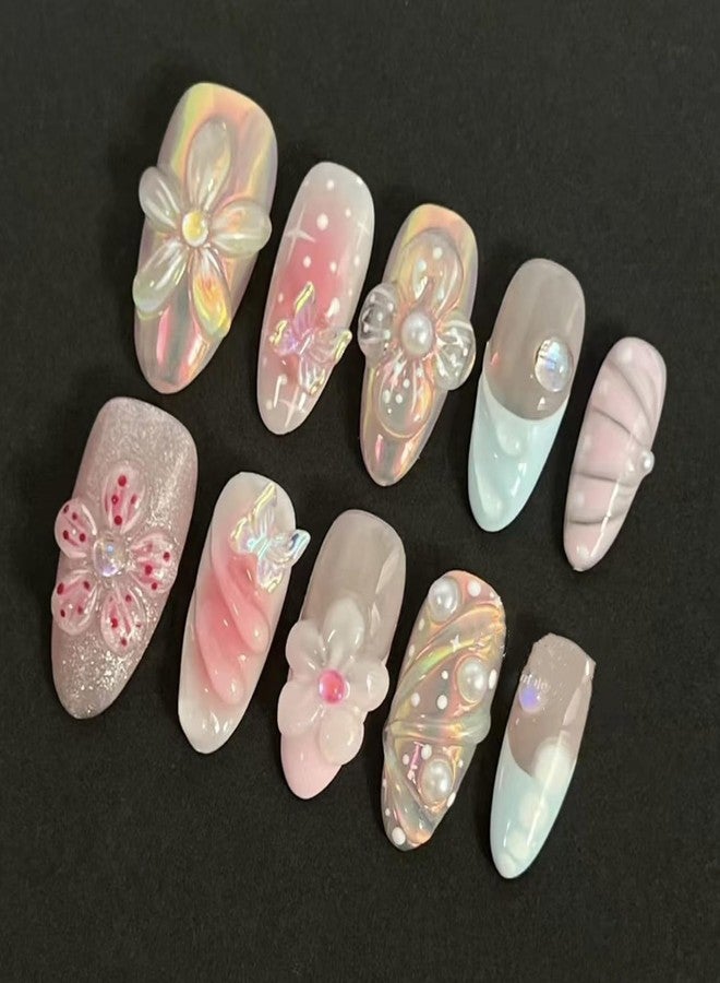 YKZFUI 30pcs Hand-carved Flower Press on Nails Medium Almond Fake Nails with 3D Carving Butterfly Colorful Ripple Design Summer False French Nail Tip Gradient Full Cover Cute Glitter Stick on Nails for Women - Image 1