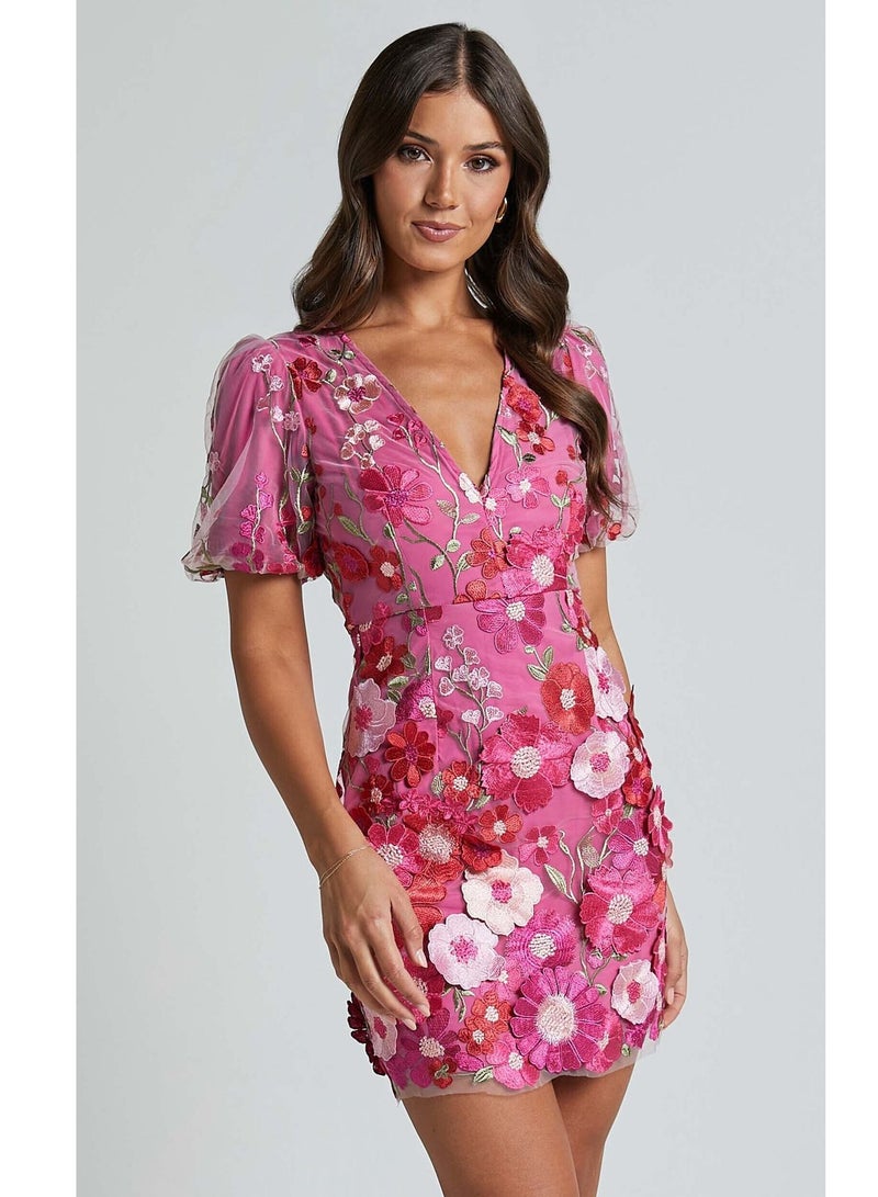 NIBEMINENT Elegant 3D  Embroidery Tulle Evening Dresses Women Summer Bubble Sleeve Mesh Mini Short Party Dress - Image 1