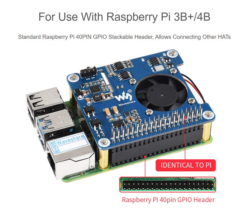 ويف شير waveshare Power Over Ethernet (PoE) HAT for Raspberry Pi 4B/3B+, 802.3af/at PoE Network Standard, 5V USB-Au002612V Header Outputs, PoE HAT Onboard Cooling Fan and MP8676 Buck Chip, Isolated - Image 3
