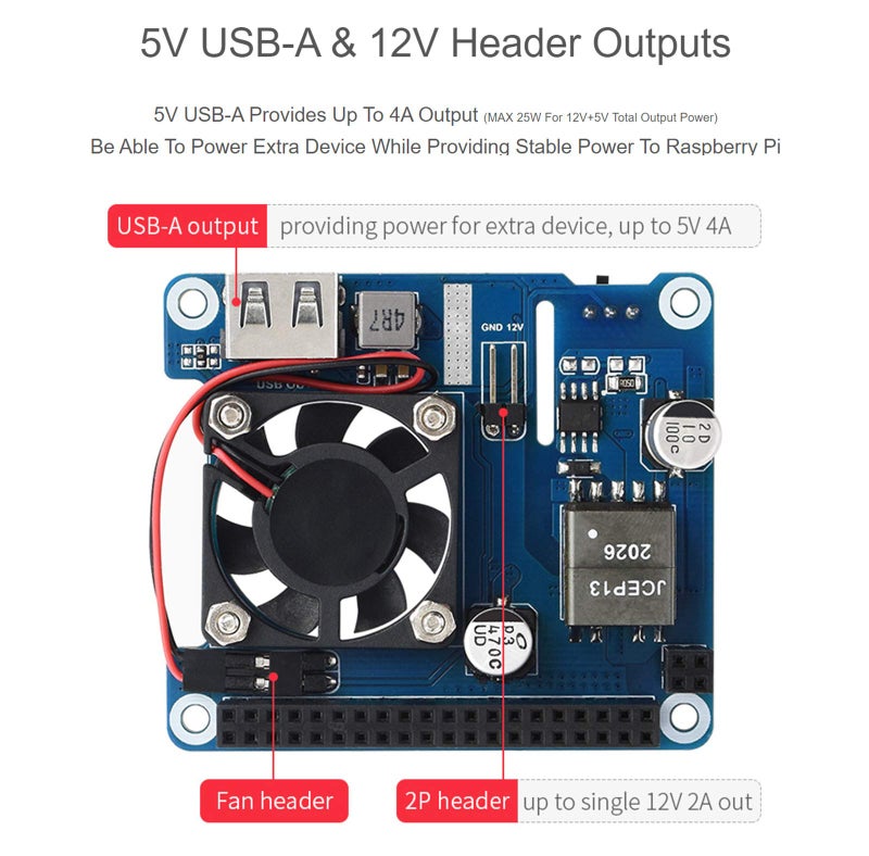 ويف شير waveshare Power Over Ethernet (PoE) HAT for Raspberry Pi 4B/3B+, 802.3af/at PoE Network Standard, 5V USB-Au002612V Header Outputs, PoE HAT Onboard Cooling Fan and MP8676 Buck Chip, Isolated - Image 5