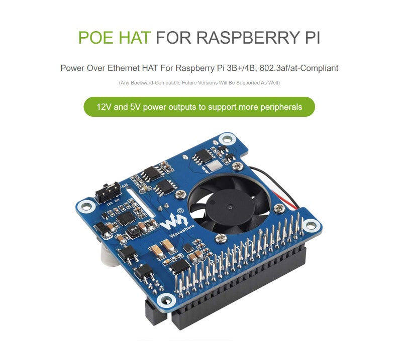 ويف شير waveshare Power Over Ethernet (PoE) HAT for Raspberry Pi 4B/3B+, 802.3af/at PoE Network Standard, 5V USB-Au002612V Header Outputs, PoE HAT Onboard Cooling Fan and MP8676 Buck Chip, Isolated - Image 2