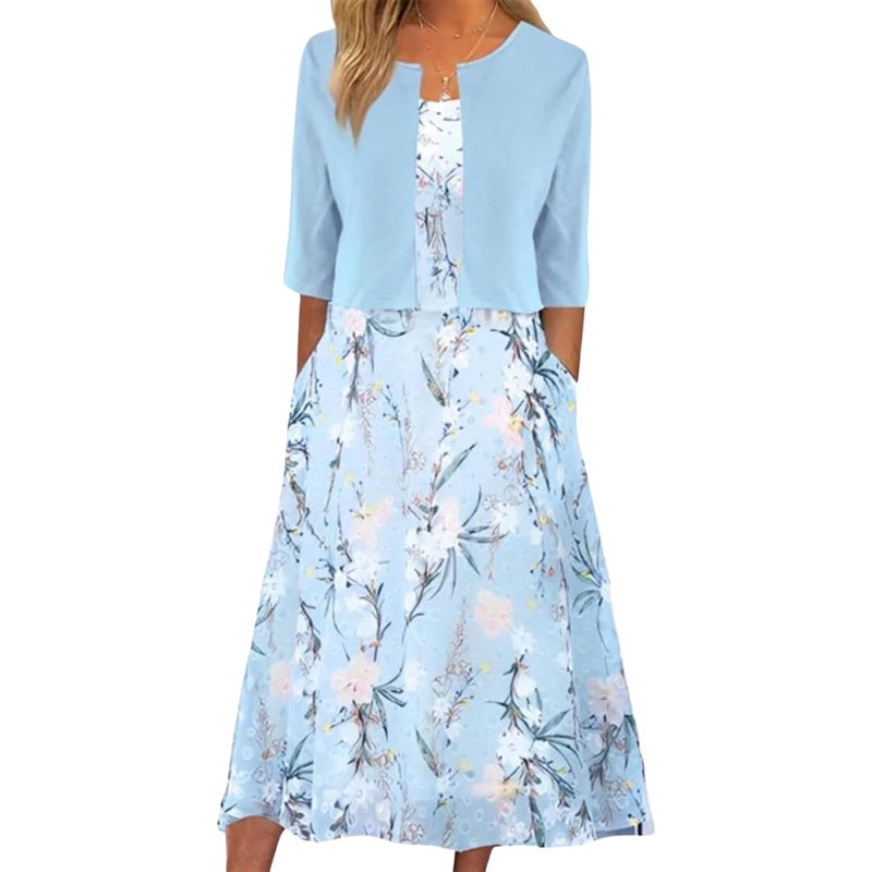 XNC Womens 2 Piece Set Fashion Fresh Plant Print Midi Dress V-Neck Half Sleeve with Jacket A-line Dresses Lounge Outfits Blue - Image 1